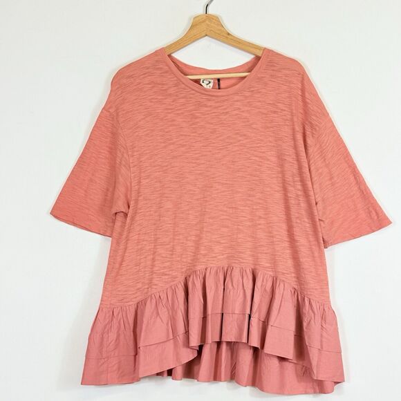 Akemi Kim Coral Pink Ruffle Hem Slub Knit Oversized Shirt Top Women's Small - Picture 1 of 6
